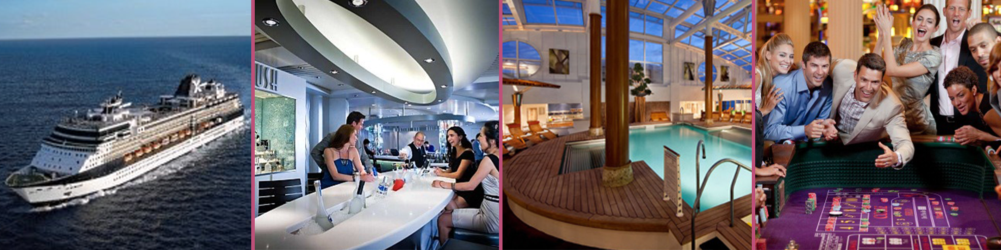 Image Collage of Cruise Ship, A Bar, A Pool, and Group Gambling